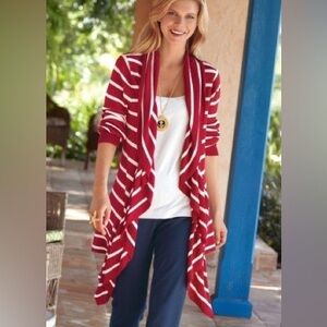 Soft Surroundings size medium red and white stripe open front cardigan sweater